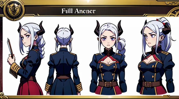 (Masterpiece, best quality), detailed, ((character concept art)), ((character design sheet, same character, front, side, back)), many items, (black demon horns, adventurer guild lieder uniform, ex dungeon explorer, royal cloth, many parts), detailed purple...