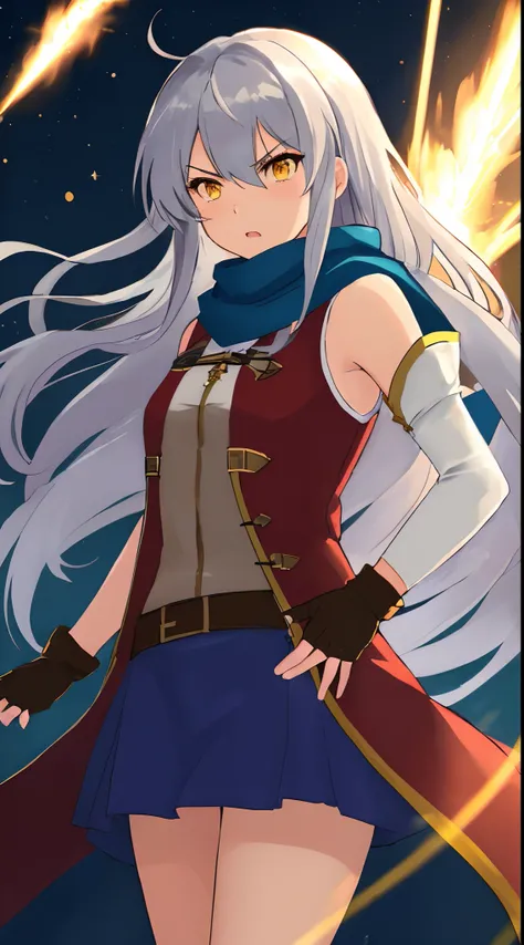 (masterpiece, best quality:1.3), a beautiful photograph of  micaiah fe, 1girl, blue_scarf, breasts, ((brown_gloves)), elbow_gloves, fingerless_gloves, floating_hair, gloves, jacket, long_hair, red_jacket, scarf, silver_hair, sleeveless, sleeveless_jacket, ...