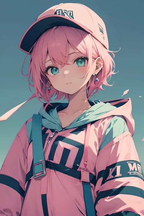 Anime drawing of girl in hat and hat with short pink hair, 1 girl, solo, hat, jewelry, earrings, short hair, baseball cap, jacket, hood, hood down, simple background, pink jacket, upper body, pink hat, light green eyes, gray background, low contrast, chrom...