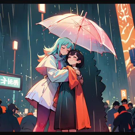 a couple hugging, cute movie scene, rainy, tall girl