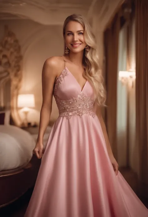 exquisite pink modern inspired sublimation dress mockup with body fit in addition a smiling blond european racial lady wearing season jewels showcasing a lavish luxuy hotel room camera setting: frontal, full body ,luxury hotel room background, poster, phot...