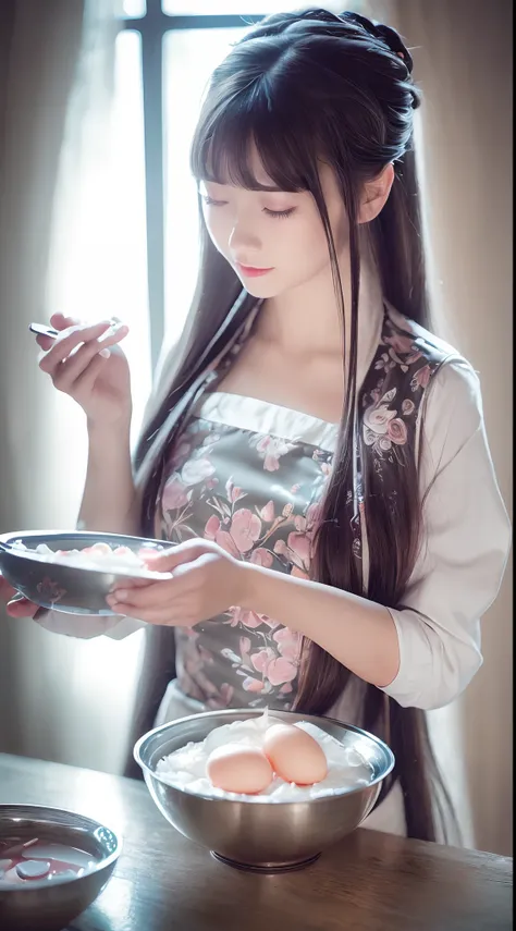 (best quality, ultra-detailed, realistic:1.37), silver long hair, dreamy blue eyes, joyful woman cracking eggs with chopsticks, soft lighting, pink apron, illustration, bangs, flowing hair, gentle breeze, shiny hair