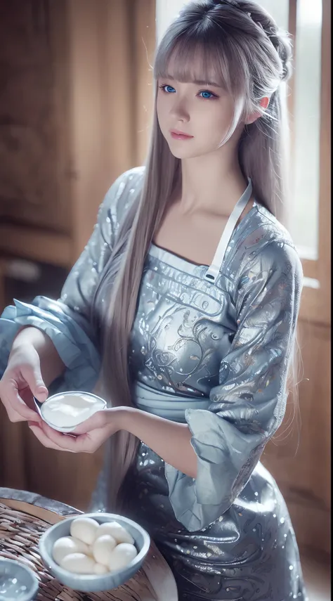 (best quality, ultra-detailed, realistic:1.37), silver long hair, dreamy blue eyes, joyful woman cracking eggs with chopsticks, soft lighting, pink apron, illustration, bangs, flowing hair, gentle breeze, shiny hair