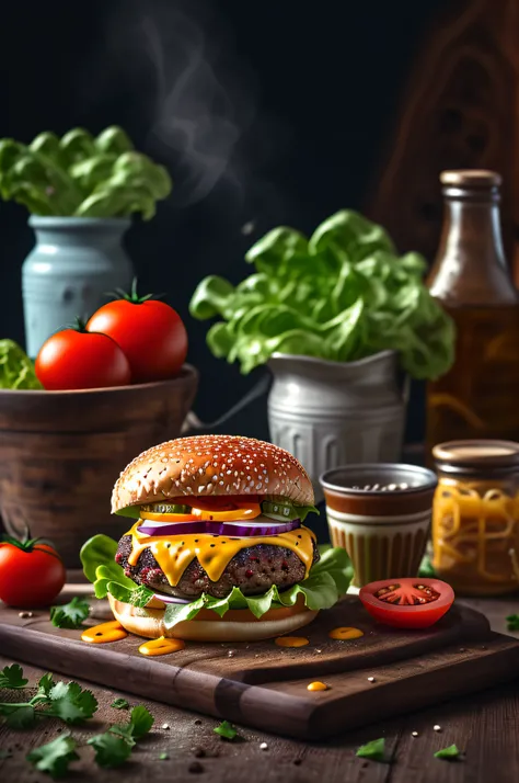 masterpiece, best quality,burger photo, food, food focus, no humans, tomato, blurry, still life, realistic, burger, cup, lettuce, fruit, onion, bowl, depth of field, vegetable, blurry background, cheese, bottle