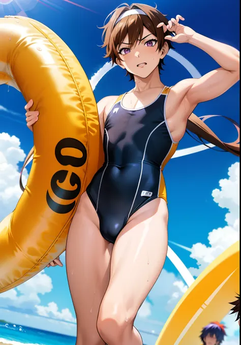 Anime boy in swimsuit, Long twin-tailed brown-haired boy, Boy with long two-sided brown hair, Boy with Purple Eyes, wearing a swimming wear, Swimsuit, Wet swimsuit, Seductive Anime Boy, garments:High-cut swimwear, Cool anime boy in black and yellow tanksui...