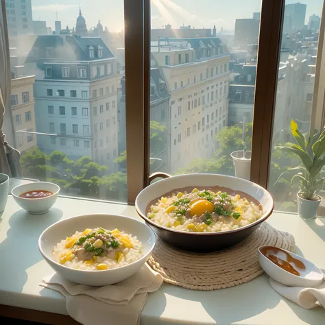 On the table, Smooth egg beef risotto, Dip in sauce, Sunlight outside the window.