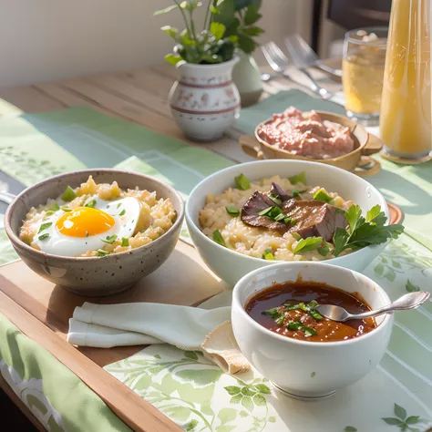 On the table, Smooth egg beef risotto, Dip in sauce, Sunlight outside the window.