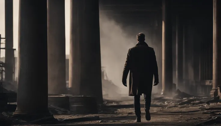 Mysterious man walking alone in an abandoned post-apocalyptic metropolis