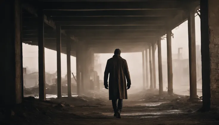 Mysterious man walking alone in an abandoned post-apocalyptic metropolis