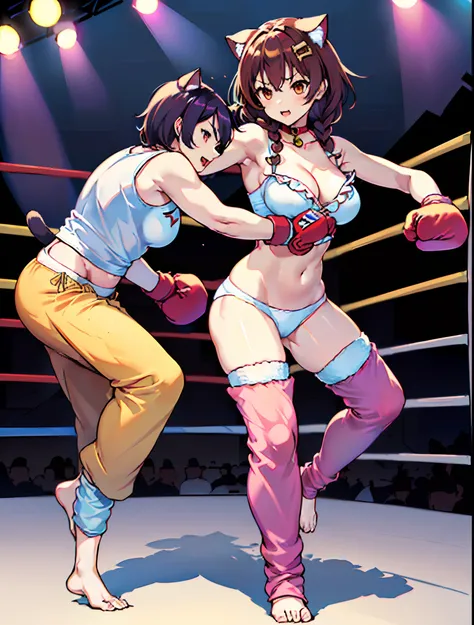 ((cat girl)), ((oppai)), ((full body)), ((Standing pose)), ((((((very baggy and long cotton leg warmers)))))), ((bare feet)), ((strapless bra)), ((thong panties)), ((((martial fighting gloves)))), ((fully detailed))