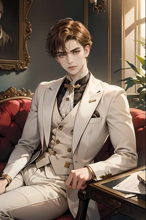 (tmasterpiece, high resolution, ultra - detailed:1.0), (1 boy, Young male), Eyes looking at the camera, Perfect male body, Extremely detailed CG, 8K wallpaper, Complicated details, solo person, ((Deep amber eyes)), ((pale brown hair，Short curls)), [Thick e...