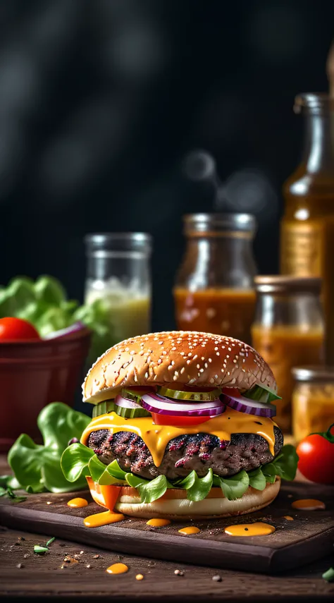 masterpiece, best quality,burger photo, food, food focus, no humans, tomato, blurry, still life, realistic, burger, cup, lettuce, fruit, onion, bowl, depth of field, vegetable, blurry background, cheese, bottle