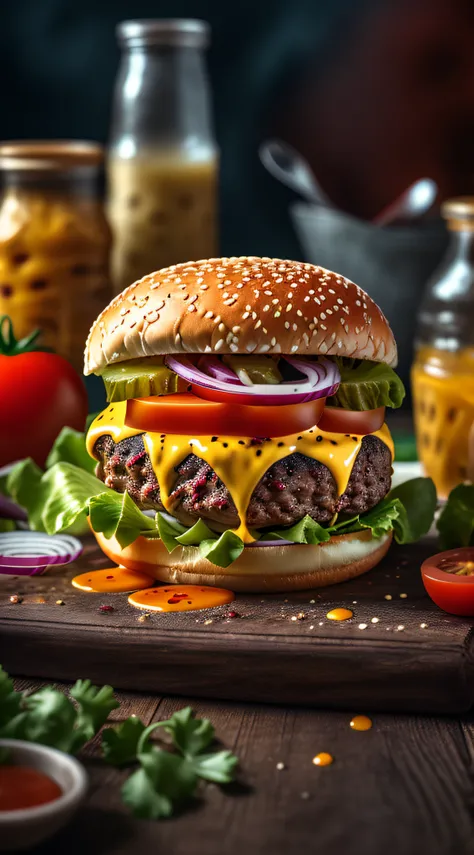 masterpiece, best quality,burger photo, food, food focus, no humans, tomato, blurry, still life, realistic, burger, cup, lettuce, fruit, onion, bowl, depth of field, vegetable, blurry background, cheese, bottle