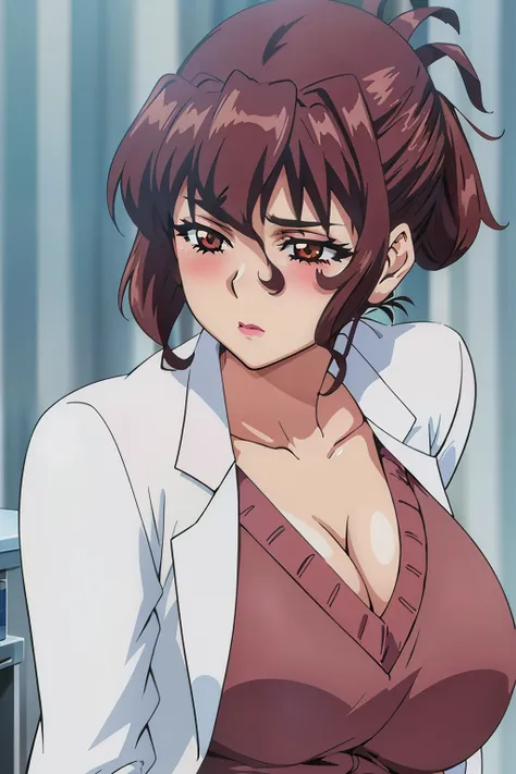 anime cels style, aiko katsuragi, best quality, high resolution, mature female, milf, 1girl, huge breasts, labcoat, makeup, lips...