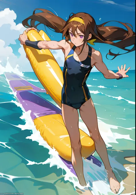 Anime boy in a swimsuit, Boy with long twin-tailed brown hair, Boy with long double-sided brown hair, Boy with purple eyes, wearing a swimming wear, Swimsuit, Wet swimsuit, Enchanting anime boy, garments:High-cut swimwear, Cool anime boy in black and yello...