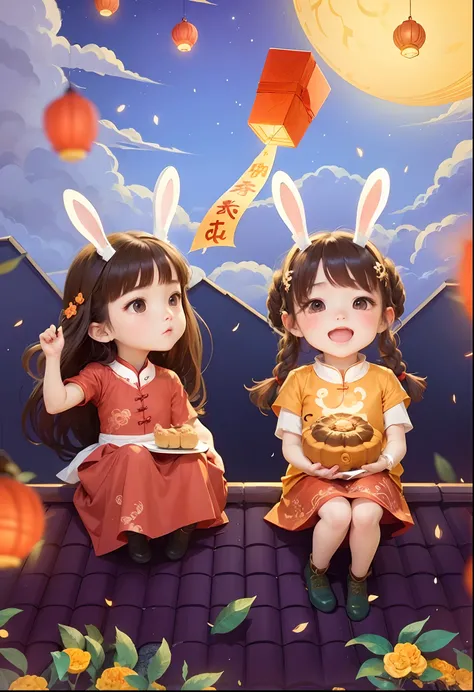 2 girls watching the lights on the roof,Holding mooncake Mid-Autumn Festival elements in his hand,Ancient wind,