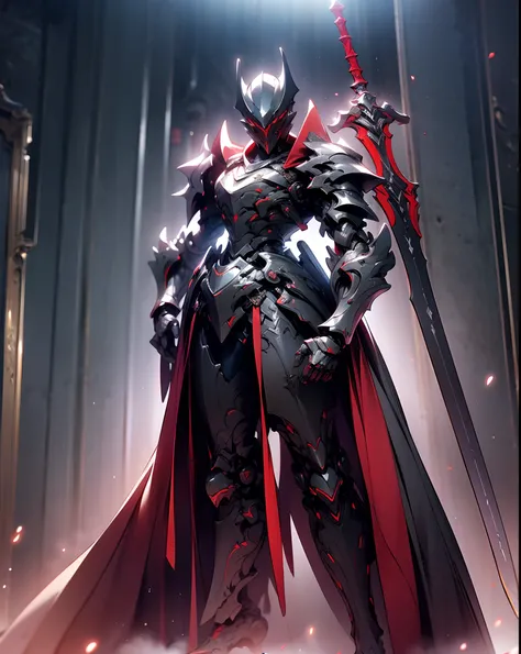 anime character with sword standing in front of a building, fallen knight, from arknights, gothic knight, evil knight, the style of wlop, fantasy knight, knight, royal emperor, dark souls knight, off-white plated armor, wearing heavy armor with cape, black...