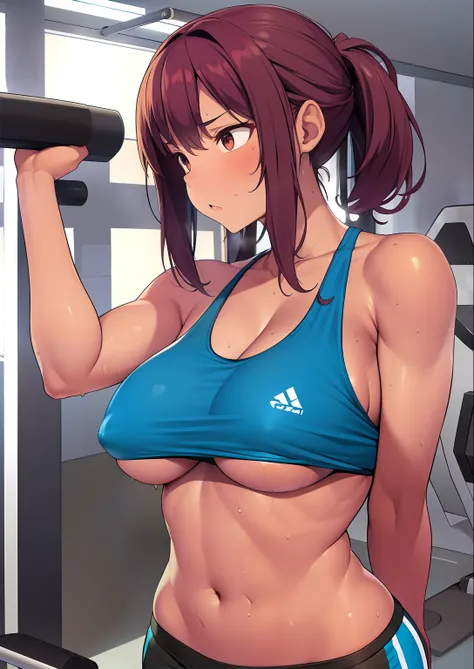 gym, workout, hot, sweating, sweaty, tan, medium boobs, tan skin, blue clothes,  see thru, medium figure, small figure, big boobs, small body