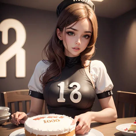 A sexy woman caring a cake with the number 1000 on top