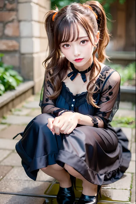 gothic lorita,Old castle,sologirl,Old castle courtyard in heavy rain,In front of the flower bed,crouching down,Drenched Gothic Lolita Girl,piercings,Gothic Lolita Makeup,Gothic Lolita Dress,Gorgeous costumes with fluttering lace,(The whole body is soaking ...