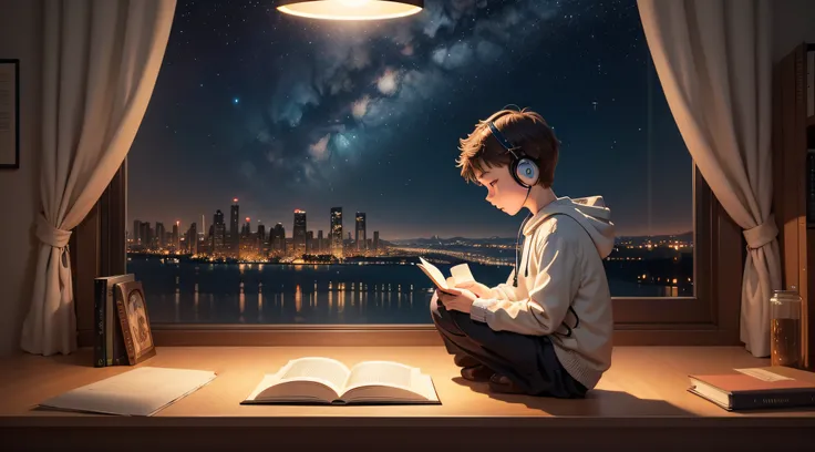 Create a captivating YouTube channel image for an educational channel focused on study and learning, symbolized by a contemplative 7-year-old boy Wear headphones. Illustrate a scene where the young boy is sitting near a large window with a breathtaking nig...