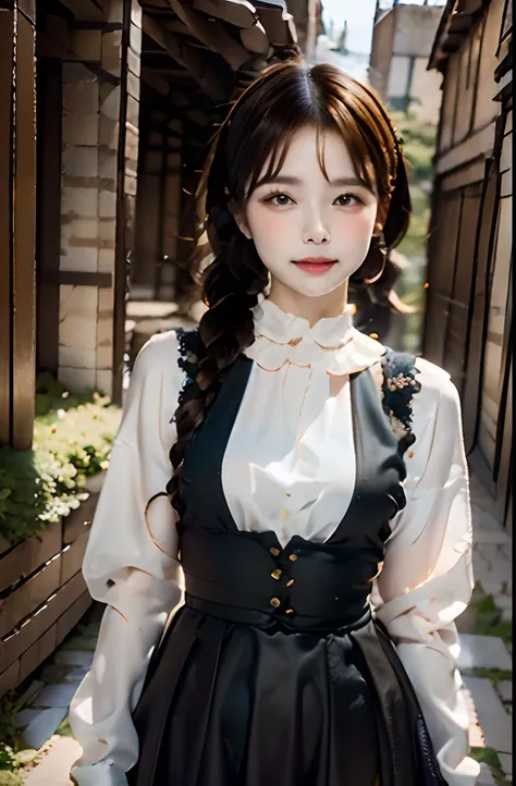 top-quality、masuter piece、ultra-detailliert、(((gothic lorita,Old castles in Europe:1.3,sologirl,Old castle courtyard,In front of the flower bed,Gothic Lolita Girl))),Cowboy Shot、piercings,Gothic Lolita Makeup,Gothic Lolita Dress,Gorgeous costumes with flut...