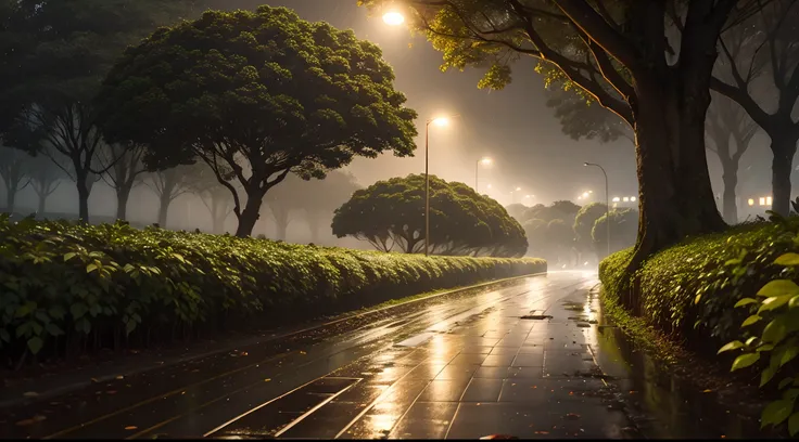 floresta ao redor, local umido pela chuva clima noturno, escuro