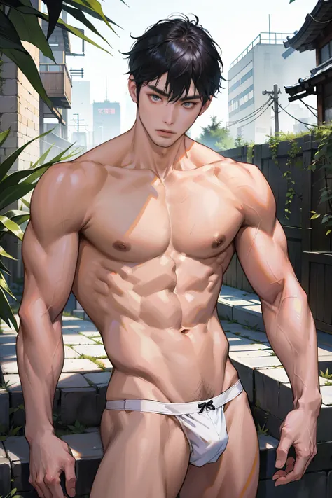 A Korean man, Slim body , Pale Asian skin, good eyes, Detailed body,massive bulge， Detailed face, Wear white thongs, Bare lower body, Good outdoor lighting, A cool pose, Good expression , Sexy but cute, No beard, Only thongs were worn, A handsome face like...