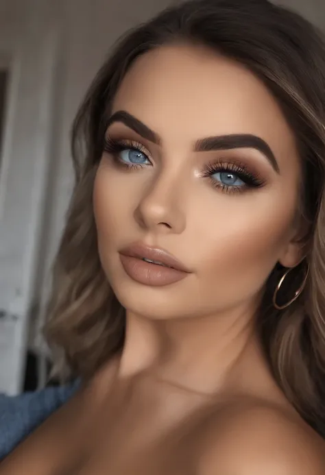 Arafed Mujer totalmente desnuda, Chica sexy con ojos azules, ultra realista, meticulosamente detallado, Retrato Sophie Mudd, cabello rubio y ojos grandes, selfie de una mujer joven, Ojos del dormitorio, Violeta Myers, sin maquillaje, Maquillaje natural, st...