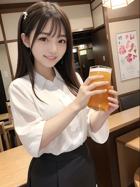 top-quality,cute Japanese girls,blouse、Clerk attire,Fluffy smile,Idol,Drinking with a beer in one hand,izakaya