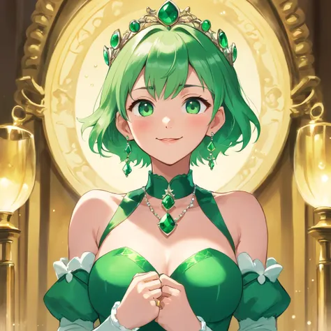 emerald tiara, Green Pearl Necklace, Boyish very short green hair, lipsticks, Japan woman smiling, very short short hair, fist, big breasts beautiful, Green eyes, Long green gloves made of satin material, Green eyes, Emerald Earrings, lesbian ,the kiss