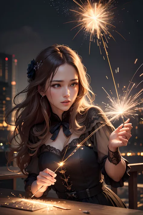 Best Quality, masuter piece, 超A high resolution, (Photorealistic:1.4), Raw photo, Professional Lighting, high-level image quality, high-detail, ​masterpiece、sparklers、nigh sky