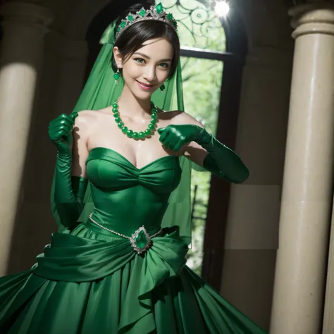 emerald tiara, Green Pearl Necklace, Boyish very short green hair, lipsticks, Japan woman smiling, very short short hair, fist, big breasts beautiful, Green eyes, Long green gloves made of satin material, Green eyes, Emerald Earrings, lesbian ,the kiss