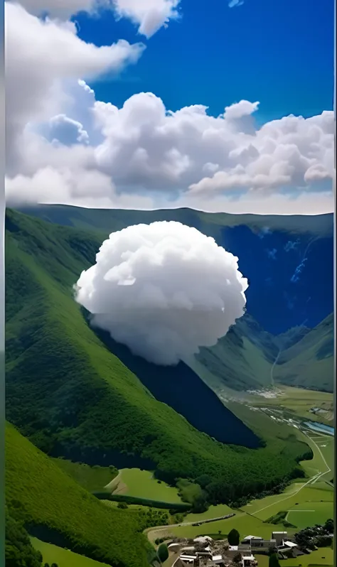 There is a cloud floating over the valley, beautiful cloud, voluminous clouds, massive clouds, in a cloud, giant clouds, massive clouds, Breathtaking clouds, cloud vortex, Large clouds, hyper realistic clouds, fat cloud, super defined clouds, White cloud, ...