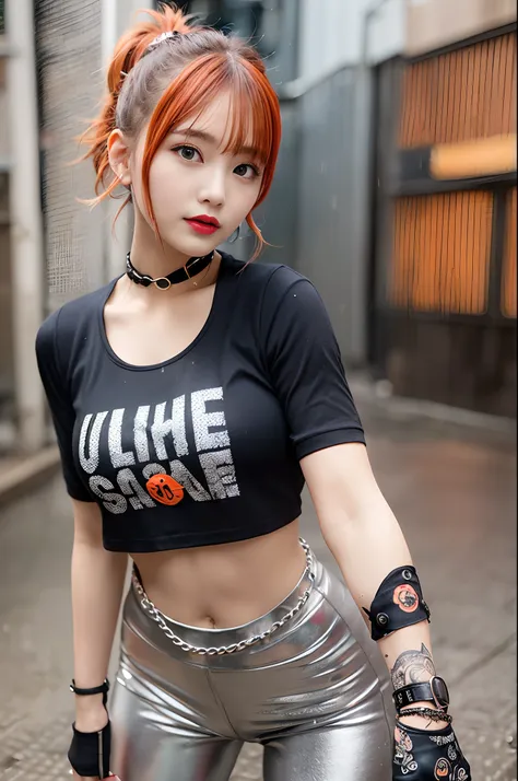 sologirl,Back alley in heavy rain,Drenched bad girl,piercings,Punk rock fashion,Punk rock shirt with chain,Punk rock pants with chain,a choker,(The whole body is soaking wet,Rainwater dripping from the face,Wet face,wetting hair,Wet and glowing skin,Soakin...