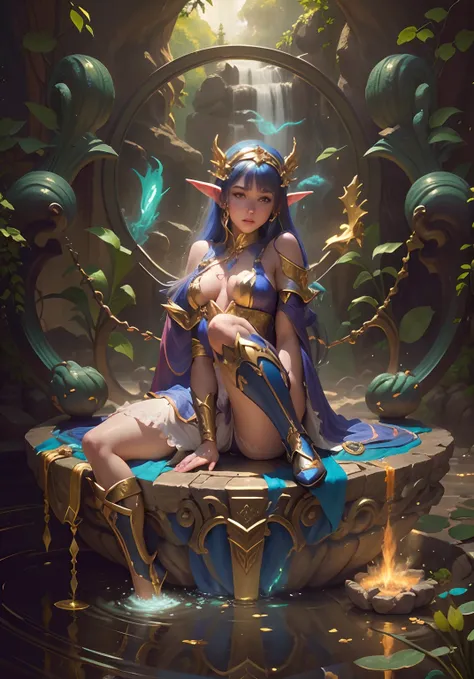 Elf girl guarding the fountain of youth, skimpy silk like gaussian robe and shin guards, 24k resolution, professional oil paint artist, highly detailed, hyperdetailed, bordering on photorealism, fantasy art style of Keith Parkinson