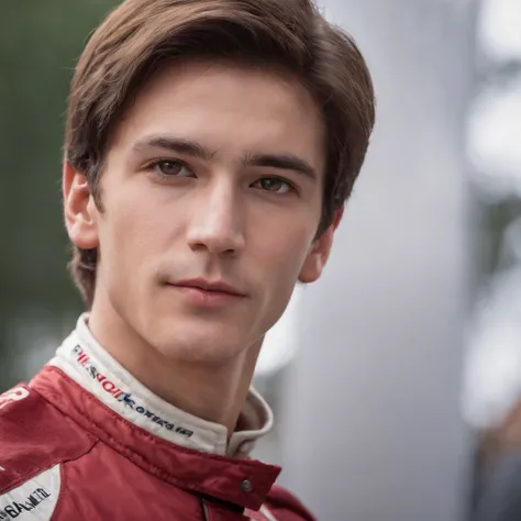 fair complexion, man around 25 years old, natural brown hair, distinctive browneyes, slender and graceful, beautiful, formula e pit crew, ultra sharp focus, realistic formula race male clothes, tetradic colors (scar:1.4)