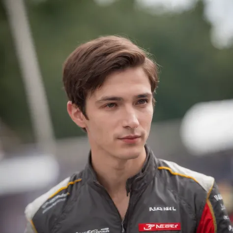 fair complexion, man around 25 years old, natural brown hair, distinctive browneyes, slender and graceful, beautiful, formula e pit crew, ultra sharp focus, realistic formula race male clothes, tetradic colors (scar:1.4)