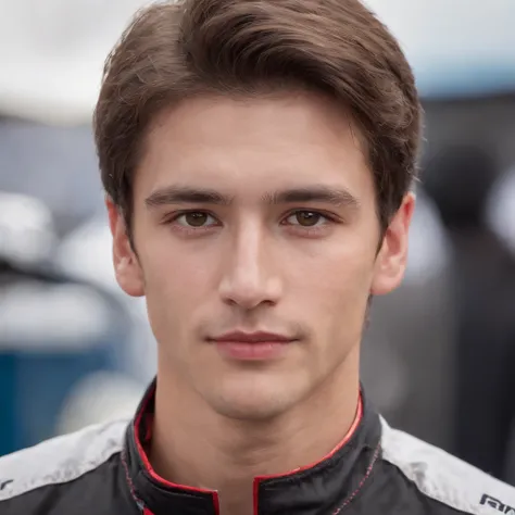 fair complexion, man around 25 years old, natural brown hair, distinctive browneyes, slender and graceful, beautiful, formula e pit crew, ultra sharp focus, realistic formula race male clothes, tetradic colors (scar:1.4)