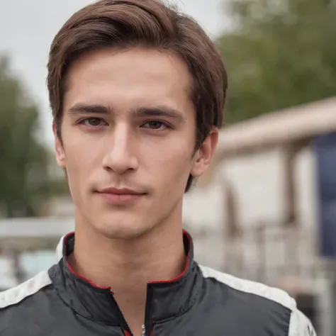 fair complexion, man around 25 years old, natural brown hair, distinctive browneyes, slender and graceful, beautiful, formula e pit crew, ultra sharp focus, realistic formula race male clothes, tetradic colors (scar:1.4)