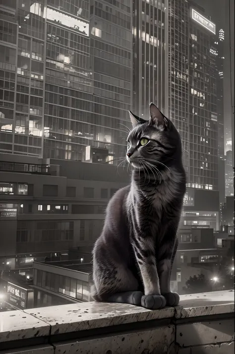 In the bustling city,
BREAK
a cat sits majestically on a skyscraper. It surveys its domain with the air of a conqueror. Its eyes glow with an inner fire, piercing the veil of the night. Its fur, black as the night sky, shimmers under the city lights. The c...