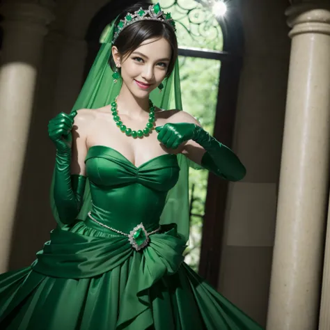 emerald tiara, Green Pearl Necklace, Boyish very short green hair, lipsticks, Japan woman smiling, very short short hair, fist, big breasts beautiful, Green eyes, Long green gloves made of satin material, Green eyes, Emerald Earrings, lesbian ,the kiss