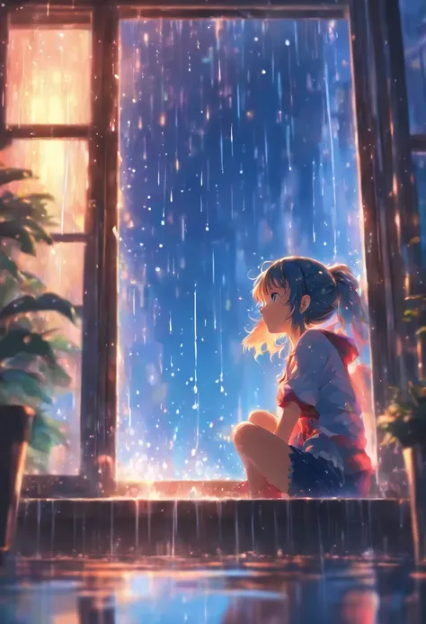 girl sit and looking window with raining splash at it