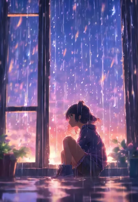 girl sit and looking window with raining splash at it