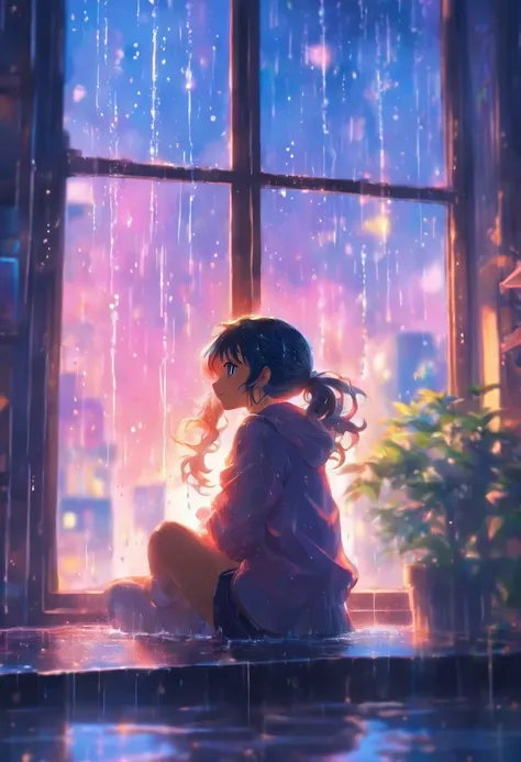 girl sit and looking window with raining splash at it