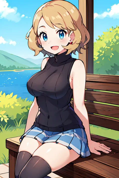 masterpiece, best quality, highres, serena \(pokemon\), short hair, blue earwear, blue eyes, 1girl, solo, sleeveless turtleneck,...