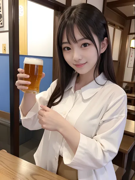 top-quality,cute Japanese girls,20yr old,blouse、Clerk attire,Fluffy smile,Idol,Drink a beer in one hand,izakaya