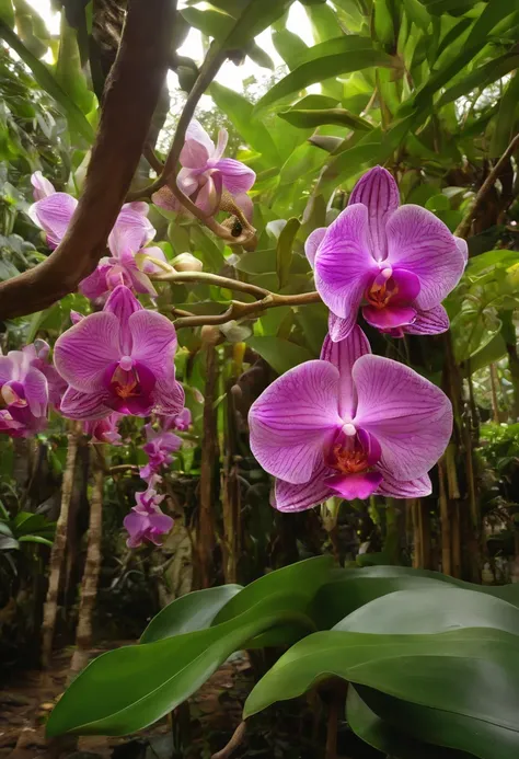 huge orchid tree, orchid forest, kundalini, sun, orchid lake, orchid garden, ancient source energy, beautiful crystals, the leaves of the tree are orchids, huge orchid petals