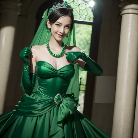 emerald tiara, Green Pearl Necklace, Boyish very short green hair, lipsticks, Japan woman smiling, very short short hair, fist, big breasts beautiful, Green eyes, Long green gloves made of satin material, Green eyes, Emerald Earrings, lesbian ,the kiss