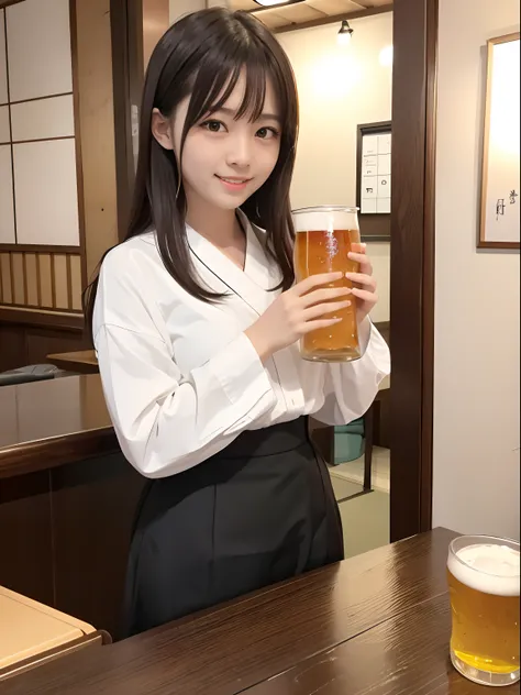 top-quality,cute Japanese girls,20yr old,blouse、Clerk attire,Fluffy smile,Idol,Drink a beer in one hand,izakaya